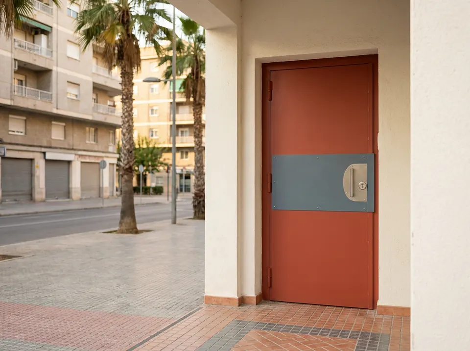 Puerta de seguridad con escudo protector en la entrada de un bajo