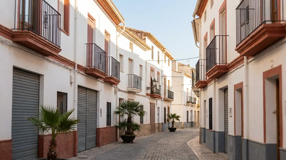 Calle estrecha con casas de dos y tres alturas, balcones y persianas metálicas de taller